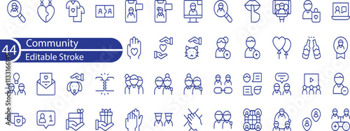 Community editable stroke outline web icons set. Community, social, friendship, people, village, relationships, diversity, support and development icons and more.