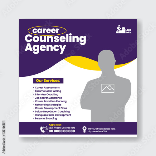 Editable social media post banner ads template for Jobs Career Fair and Career counseling services agency, job vacancy web banner, promotional social media advertisement design