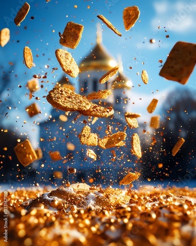 Bulgarian banitsa with lucky charms, Sofia s Alexander Nevsky Cathedral glowing under New Year skies photo