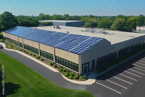 Aerial View of Solar Panels on a Commercial Building: Eco-Friendly Energy Solution