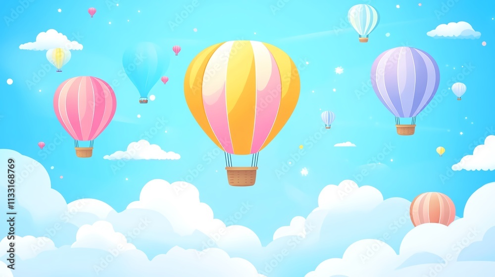 Obraz premium Colorful hot air balloons floating in a bright blue sky.