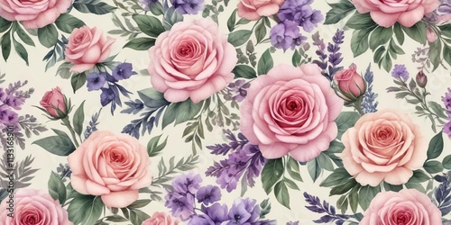 Vintage-inspired watercolor roses and lavender pattern, painting, soft colors, artistic