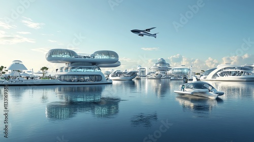 Futuristic cityscape with modern buildings and advanced transport. photo