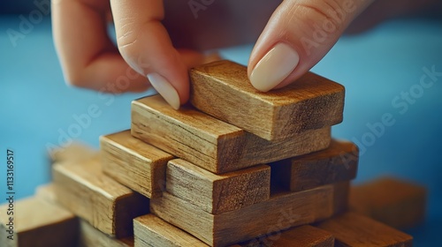 Woman Carefully Places Wooden Block Ontop Of Tower photo