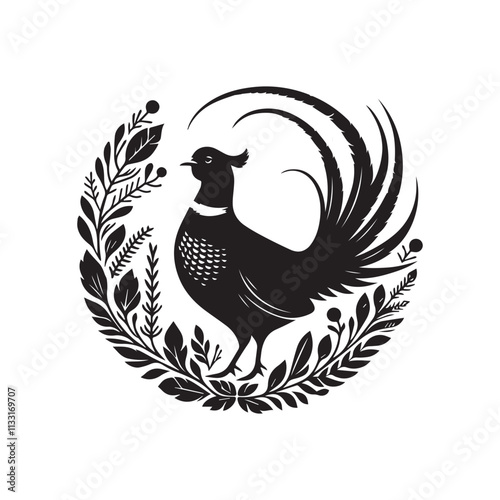 Black Color Pheasant Silhouette Vector Illustration, Solid White Background.