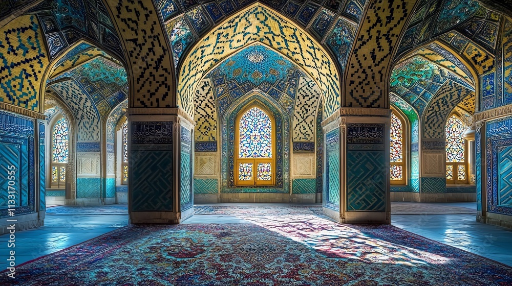 Obraz premium Intricate patterns adorn the serene and colorful interior space.
