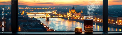 Hungarian chimney cakes with mulled wine, Budapest s bridges and riverbanks adorned with New Year lights photo