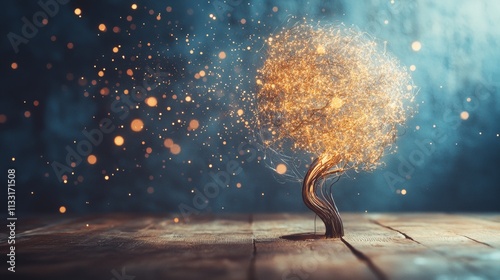 Golden tree glowing with magical particles photo