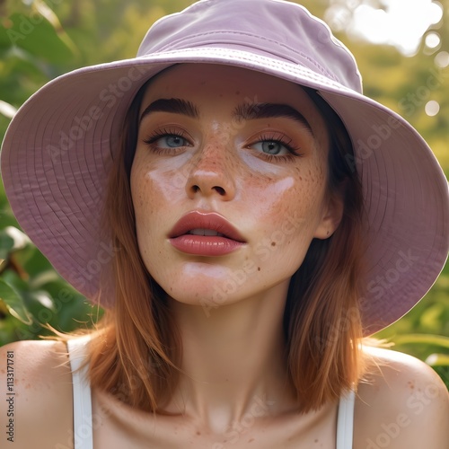 Woman in a trendy bucket hat practicing mindfulness in nature