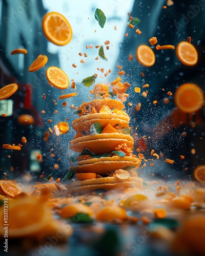 Mandarin orange cake in the shape of a pagoda, set in a snowy Zurich street with festive markets and Chinese cultural decor photo