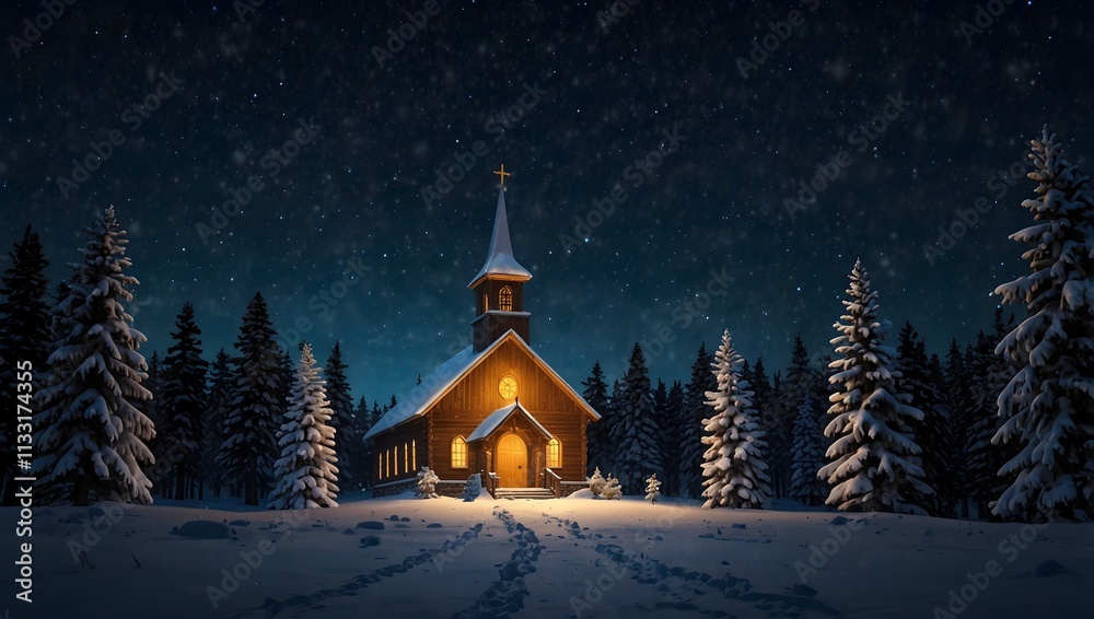 Fototapeta premium A small, warm-lit church stands in a snowy forest at night, under a starry sky.