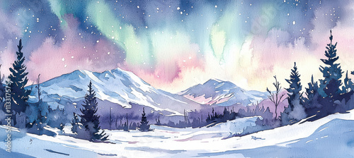 stunning winter landscape featuring mountains and aurora borealis