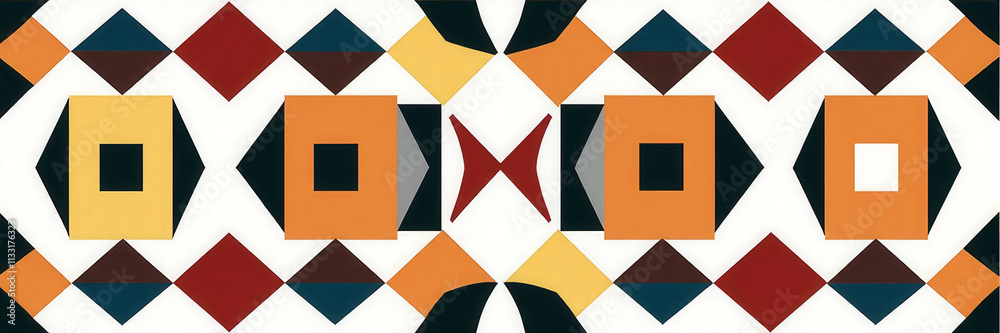 Obraz premium A colorful patterned design with squares and triangles. The colors are red, yellow, and blue