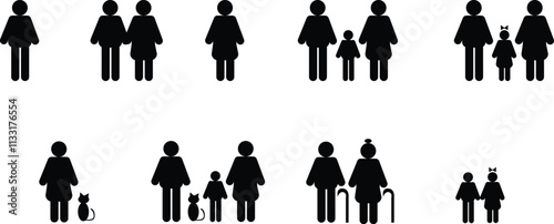 Set de iconos de personas niños, gato, madre, padre, abuelos
