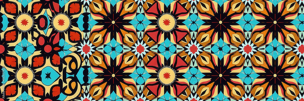 Fototapeta premium A colorful pattern of flowers and leaves with a blue background. The flowers are in various sizes and colors, and the leaves are also colorful. Scene is cheerful and vibrant