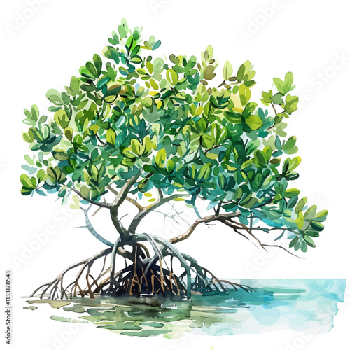 A watercolor of mangrove trees, isolated on a white background. Mangrove vector.
