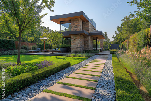 Photographie immobilière d'un jardin minimaliste contemporain avec chemin en pierre et haies soigneusement taillées photo