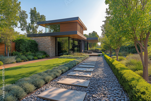 Photographie immobilière d'un jardin minimaliste contemporain avec chemin en pierre et haies soigneusement taillées photo