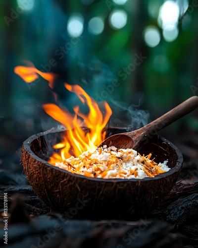 Vanuatuan lap lap in coconut milk, Pacific island communities glowing with bonfires and music for New Year photo