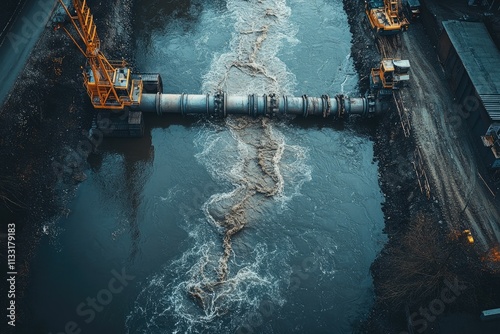 An aerial view of a river being dredged, showing silt flowing through pipes into a containment area, with cranes and heavy machinery on the banks
