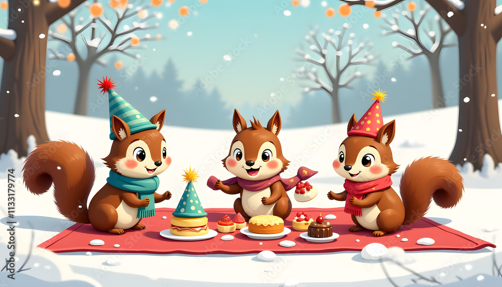 Fototapeta premium Playful cartoon scene of squirrels in scarves and hats enjoying a New Year's Eve picnic