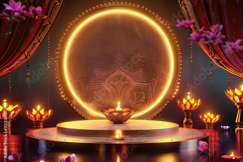 High Quality Image of Empty Round Podium Stage Scene with Indian Diwali Festival