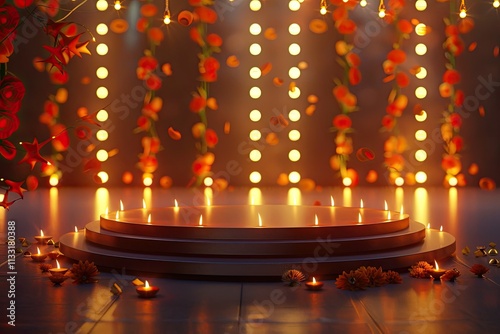 Vibrant Color Image of Empty Round Podium Stage Scene with Indian Diwali Festival
