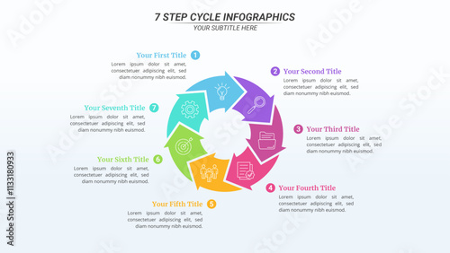 8 Steps Cycle Infographics with Editable Text on a 16:9 Layout for Business Presentation, Poster, Banner and Booklet.