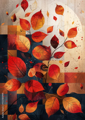 Obraz na płótnie Abstract autumn background with scattered leaves and geometric shapes w salonie