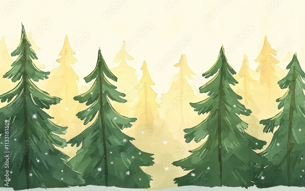 Obraz premium Snowflakes drifting through tall evergreens in serene forest scene