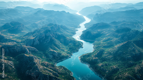 river flowing serenely between majestic mountains symbolizes the journey of life, the passage of time, and nature's harmony, with the contrasting elements of calm water and rugged peaks evoking balanc photo