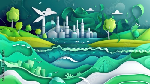 A conceptual view of Earth's renewable energy in sustainable microgrid energy systems, illustrated in a microgrid vitality art style, Simplified paper art illustration of photo