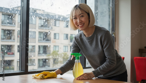 A smiling Asian woman with shoulder length hair, wearing a navy sweater, cleans a wooden table with a spray bottle