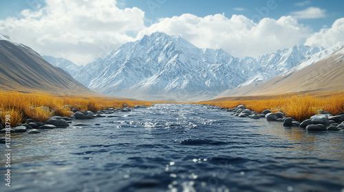 river flowing serenely between majestic mountains symbolizes the journey of life, the passage of time, and nature's harmony, with the contrasting elements of calm water and rugged peaks evoking balanc photo