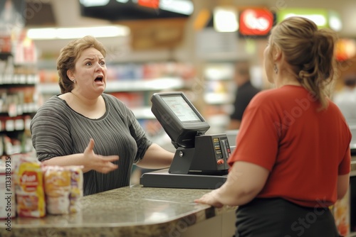 Female customer yells at a female cashier in a grocery store, expressing frustration over the service while other shoppers observe the heated exchange, creating a tense atmosphere.