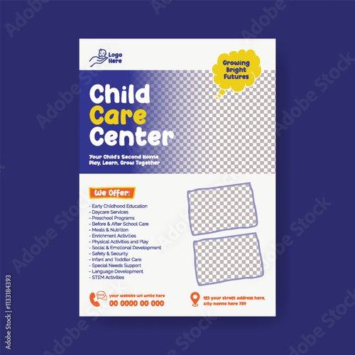 Childcare center, daycare center, babysitter services, preschool, kindergarten, nursery, kids school editable print flyer or poster template design, 
suitable for Nanny Services leaflet brochure cover