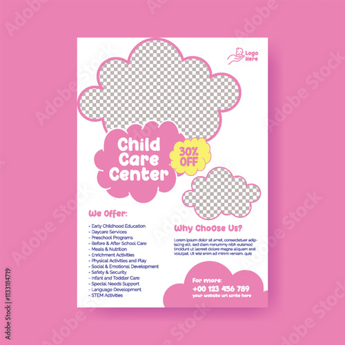 Childcare center, daycare center, babysitter services, preschool, kindergarten, nursery, kids school editable print flyer or poster template design, 
suitable for Nanny Services leaflet brochure cover