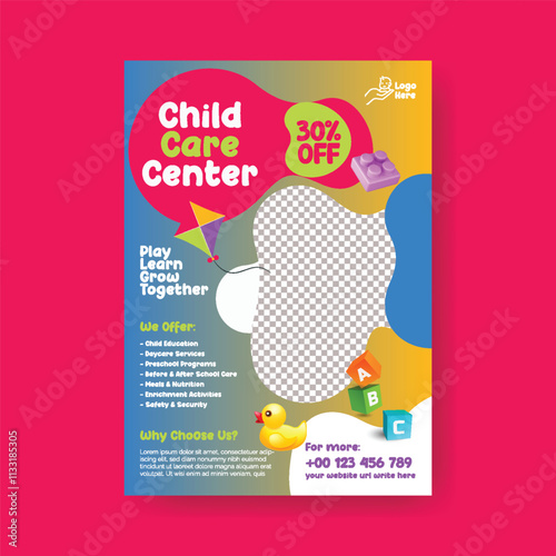 Childcare center, daycare center, babysitter services, preschool, kindergarten, nursery, kids school editable print flyer or poster template design, 
suitable for Nanny Services leaflet brochure cover