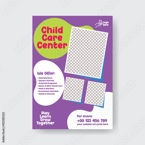 Editable print flyer or poster template for kindergarten and nursery pre school design, Childcare center and babysitter print flyer or poster, leaflet, child coding flyer poster template design