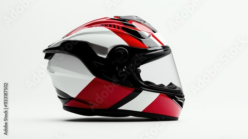 A high-quality image of a sleek motorcycle helmet in red, white, and black, showcasing a dynamic and stylish design suitable for branding or promotional use. photo