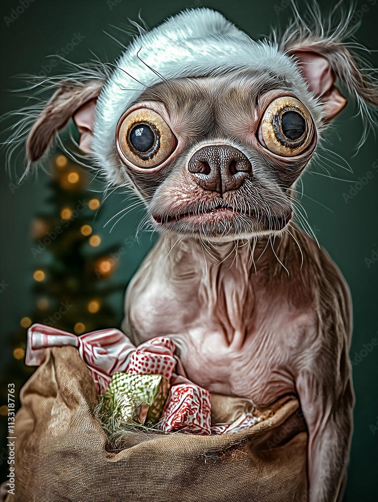Photo: A realistic portrait of the dog in the world as Santa Claus, wearing a Santa hat and a red Santa coat, full body ,to his left is a big sack with lots of presents, in the background a Christmas