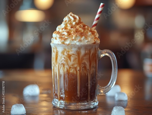 Close-up of a root beer float featuring whipped cream and sticky sauce in a frosted mug, set among melting ice cubes on a vintage diner counter photo