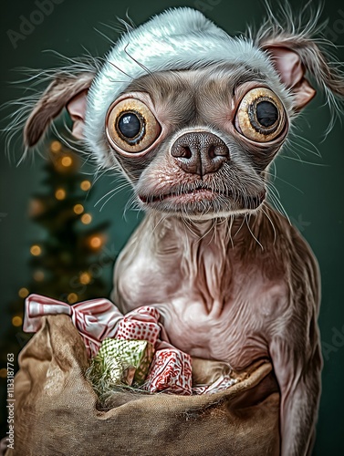 Obraz na płótnie
Photo: A realistic portrait of the dog in the world as Santa Claus, wearing a Santa hat and a red Santa coat, full body ,to his left is a big sack with lots of presents, in the background a Christmas w salonie