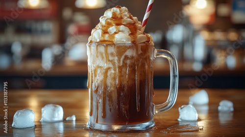 A delicious root beer float fills a frosted mug topped with whipped cream and caramel, surrounded by melting ice cubes on a classic diner counter photo