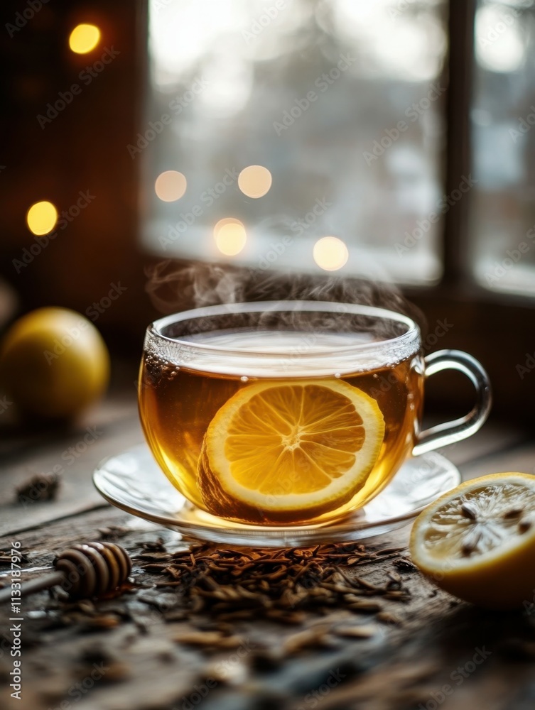 A steaming cup of herbal tea sits on a rustic wooden table, topped with a lemon slice. Scattered tea leaves and honey drizzle enhance the cozy atmosphere A steaming cup of herbal tea sits on a rustic wooden table, topped with a lemon slice. Scattered tea leaves and honey drizzle enhance the cozy atmosphere