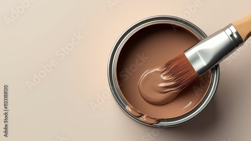 Top view Brush lying on top of a can of paint, Mocha Mousse colored image, minimalism photo