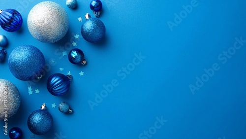 Christmas holidays concept. Top above overhead view close up photo of beautifully decorated blue baubles and confetti isolated on blue background with copyspace photo