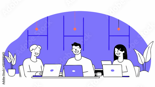 Three people sit at a table, working on laptops, with a blue background that highlights pendant lights and potted plants. The atmosphere feels collaborative and modern. AI generated.