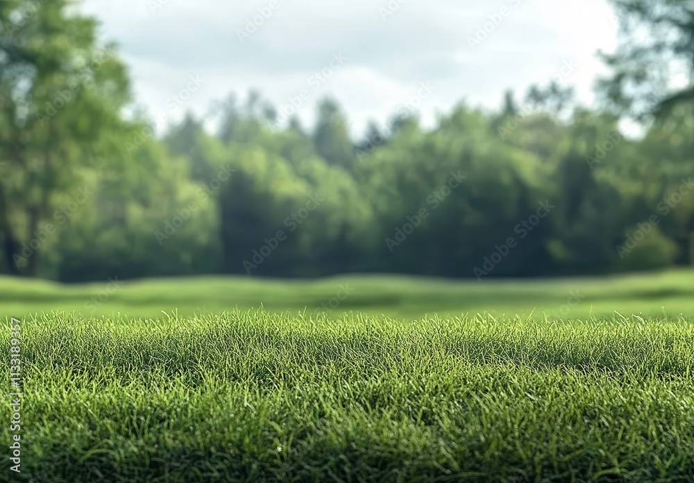 Obraz premium Lush Green Grass in Soft Focus with Natural Background of Trees and Sky, Ideal for Nature, Gardening, and Outdoor Themes in Stock Photography