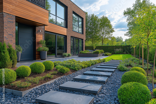 Photographie immobilière d'un jardin minimaliste contemporain avec chemin en pierre et haies soigneusement taillées photo